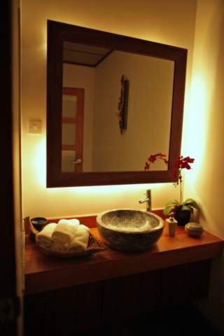 lodge bathroom with orchid flower and mirror lighting