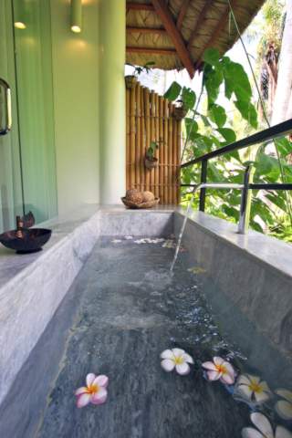 marble bathtub overhanging jungle