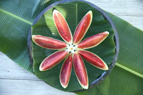 watermelon decorated and served with palm leaves
